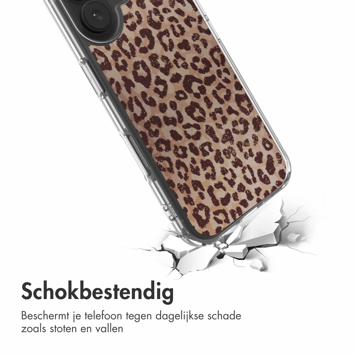 Een telefoonhoesje met luipaardprint beschermt de telefoon. De achtergrond is wit met een gebarsten oppervlak.