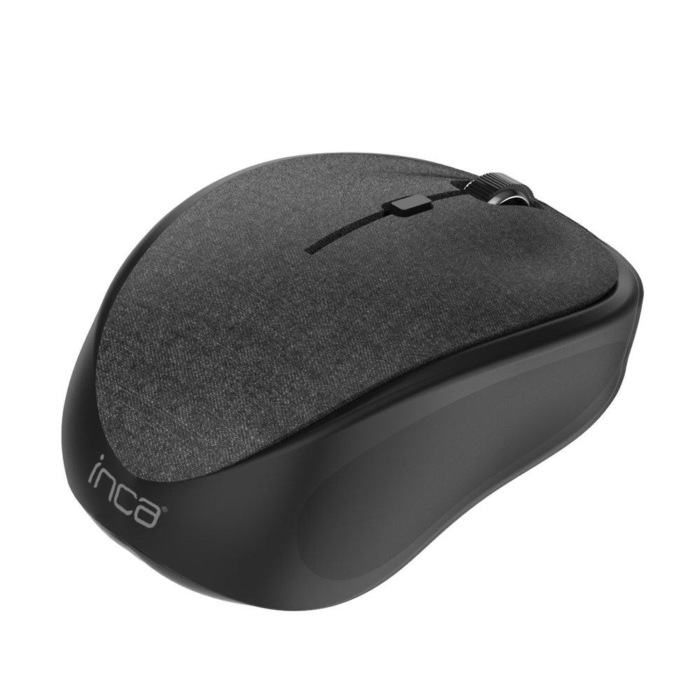 Schwarze, kabellose Computermaus mit strukturierter grauer Oberseite, Scrollrad und der Aufschrift 'inca'.