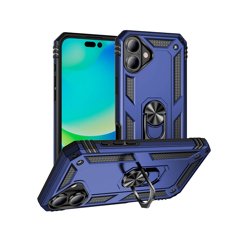 İçinde bir telefon bulunan üç mavi telefon kılıfı. Halkalı tutucu ve sağlam bir tasarıma sahipler. Arka plan beyaz.