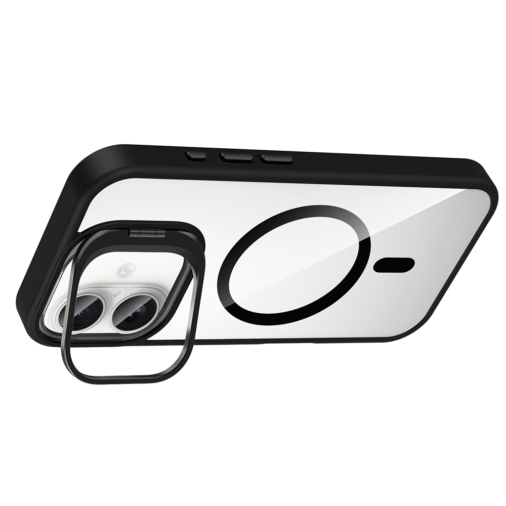Siyah beyaz bir telefon kılıfı ve kamera koruyucu. Kılıfın şeffaf bir arka yüzeyi, siyah bir çerçevesi ve siyah bir daire şeklinde tasarımı var.