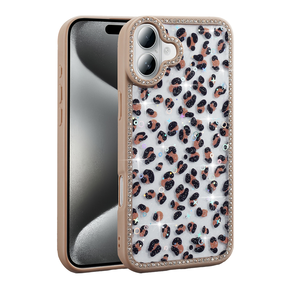 Leopar desenli bir telefon kılıfı. Kılıf, siyah ve kahverengi beneklerle şeffaf bir arka plana ve taşlarla çevrilidir.