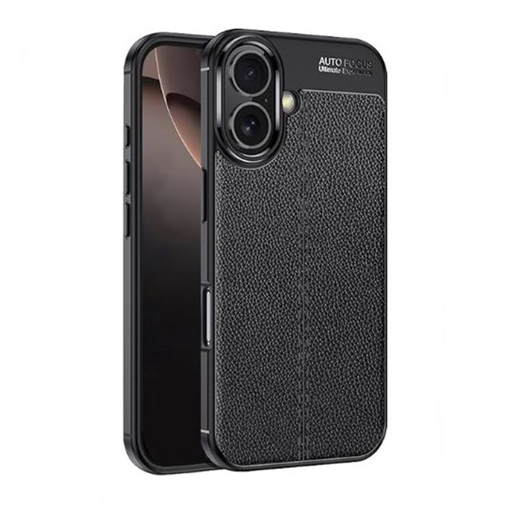 Dokulu arka yüzeye ve kamera oyuğuna sahip siyah telefon kılıfı, 'AUTO FOCUS' yazısıyla. Telefon ekranı görülebilir.