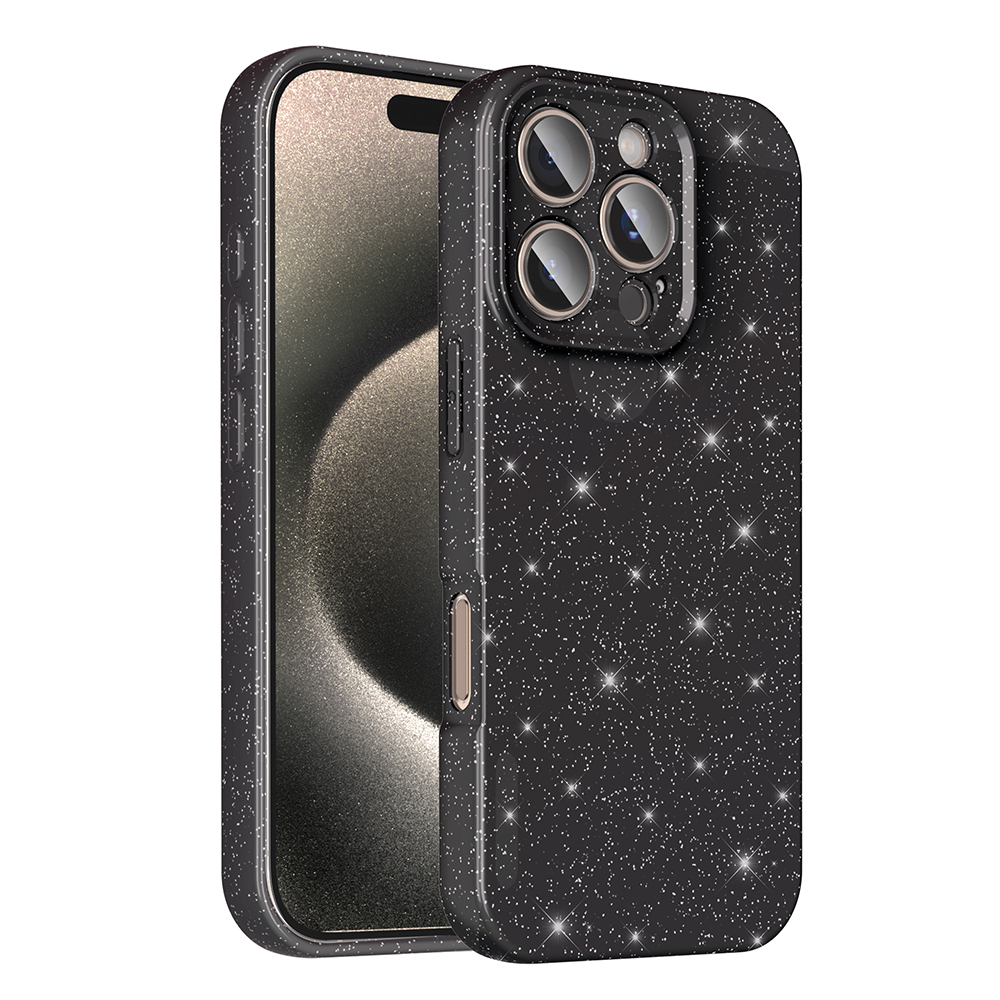 Parıldayan detaylara sahip siyah iPhone kılıfı. Kılıf bir telefonda. Ekran açık bir desen gösteriyor.
