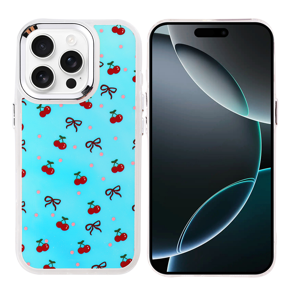 Solda kiraz desenli kılıfı olan bir iPhone ve sağda boş bir ekran. Kılıfta kırmızı kirazlar ve kurdeleler var.