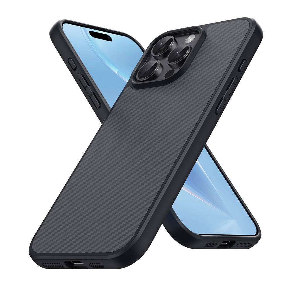 Koruyucu kılıflı iki siyah akıllı telefon çaprazlanmış. Kılıflar karbon fiber tasarıma ve çoklu kamera lenslerine sahiptir.