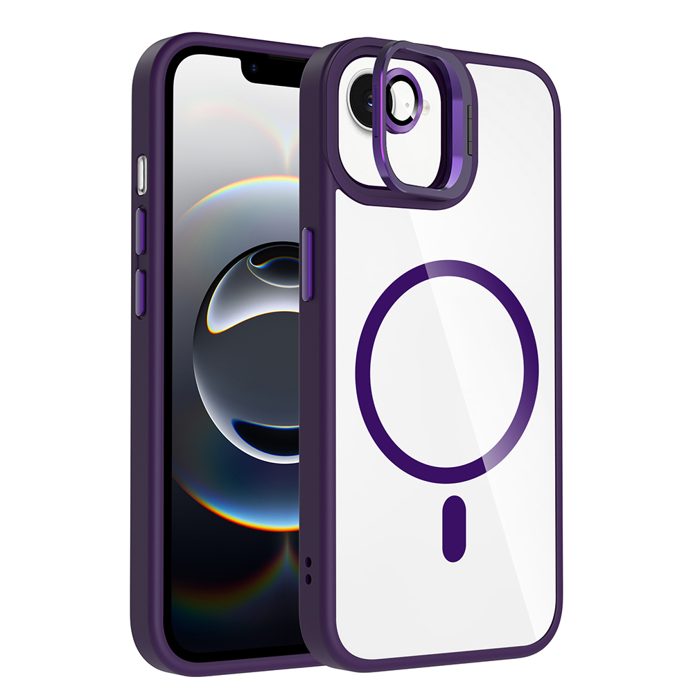 Mor bir kılıf içinde bir iPhone. Kılıfın mor bir daire ve eksi işareti olan şeffaf bir arka yüzü ve mor kenarları var.