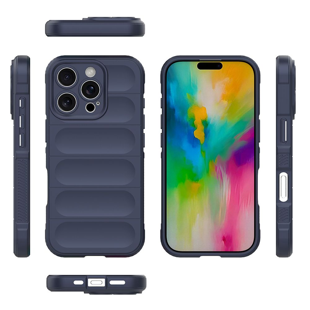İçinde telefon bulunan, etrafında diğer kılıf parçaları sergilenen, koyu mavi bir telefon kılıfı. Telefon ekranı renkli soyut sanat gösteriyor.