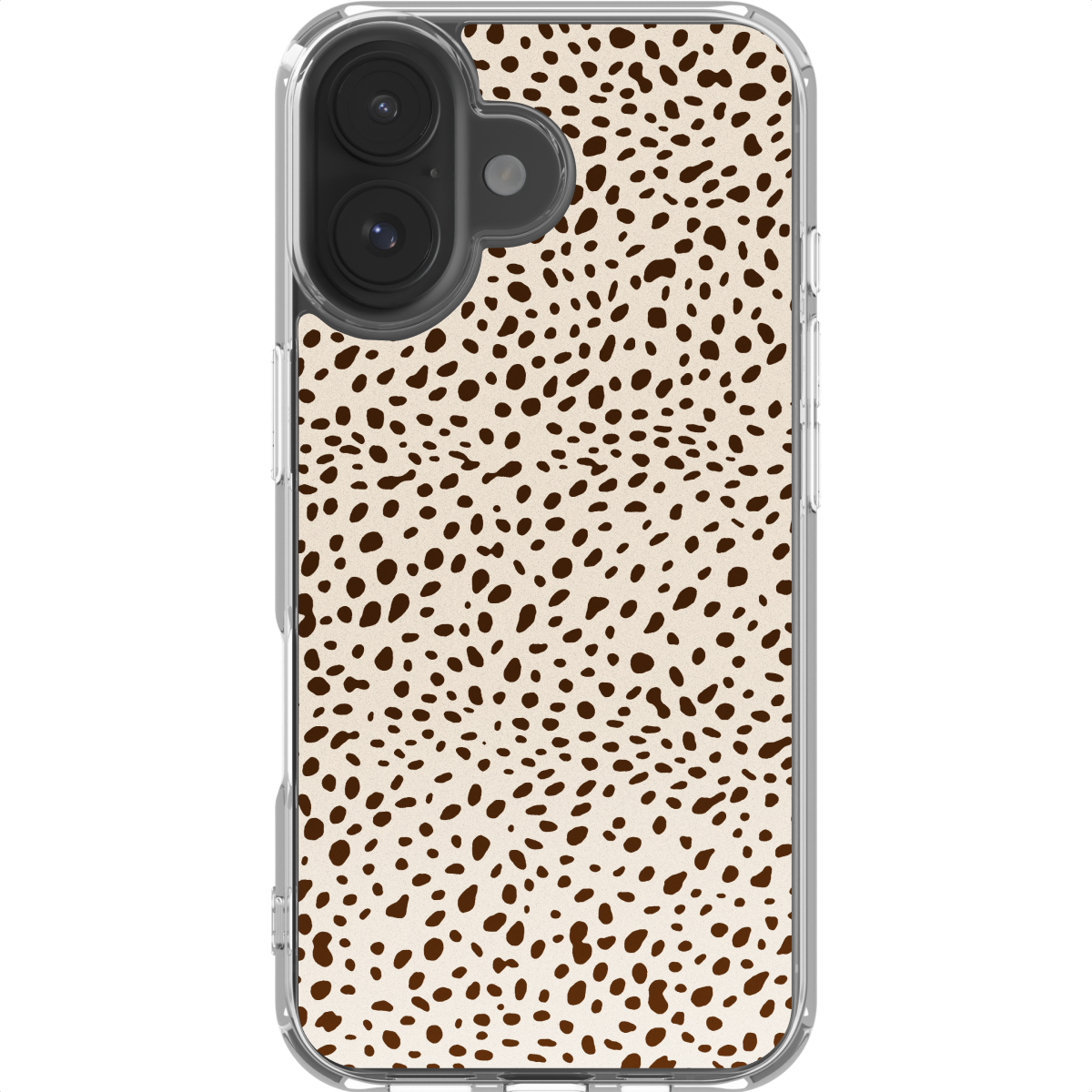 Een telefoonhoesje met een Dalmatische print. Bruine vlekken op een crèmekleurige achtergrond. De telefoon heeft een doorzichtig hoesje en cameralenzen.