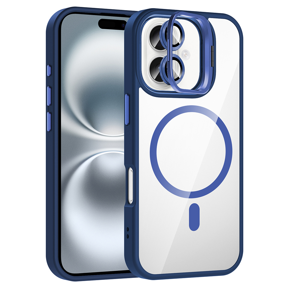 Mavi ve şeffaf koruyucu kılıf içinde bir akıllı telefon. Kılıfın arkasında dairesel bir tasarım ve kamera lens koruyucusu var.