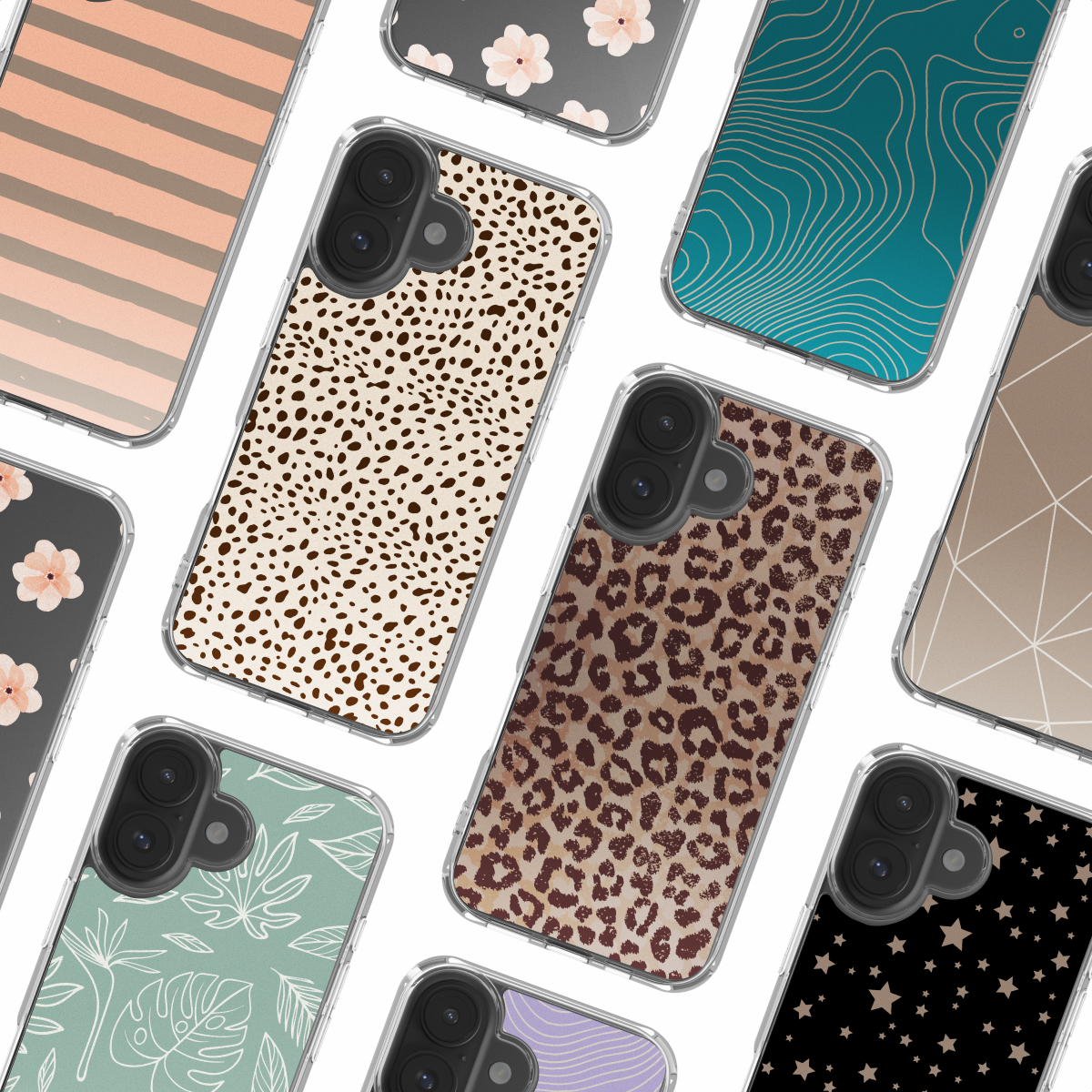 Assortiment telefoonhoesjes met diverse ontwerpen, waaronder bloemen, dierenprints, geometrische patronen en abstracte lijnen. Transparante hoesjes met zwarte camera.