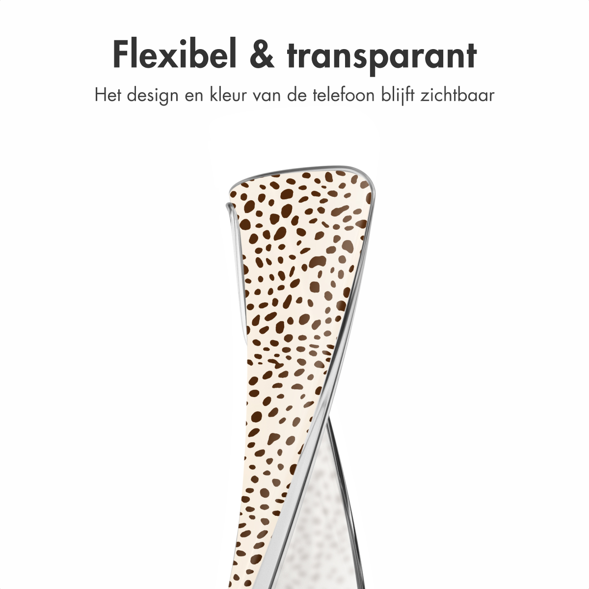 Een transparante telefoonhoes met bruine stippen op een beige achtergrond. Het ontwerp en de kleur van de telefoon blijven zichtbaar.