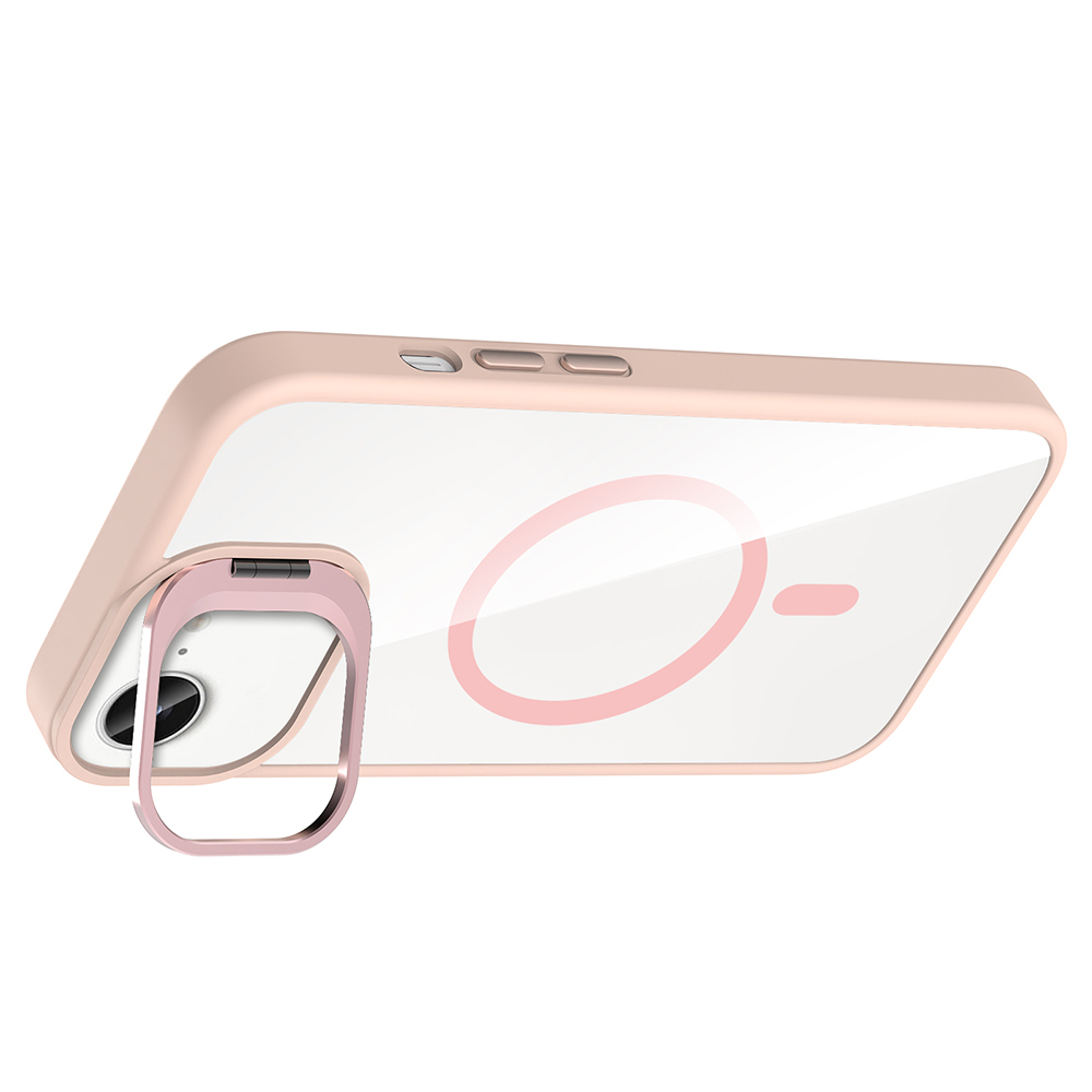 Arkasında pembe bir halka ve pembe bir tasarım bulunan şeffaf bir telefon kılıfı. Arka plan beyaz.