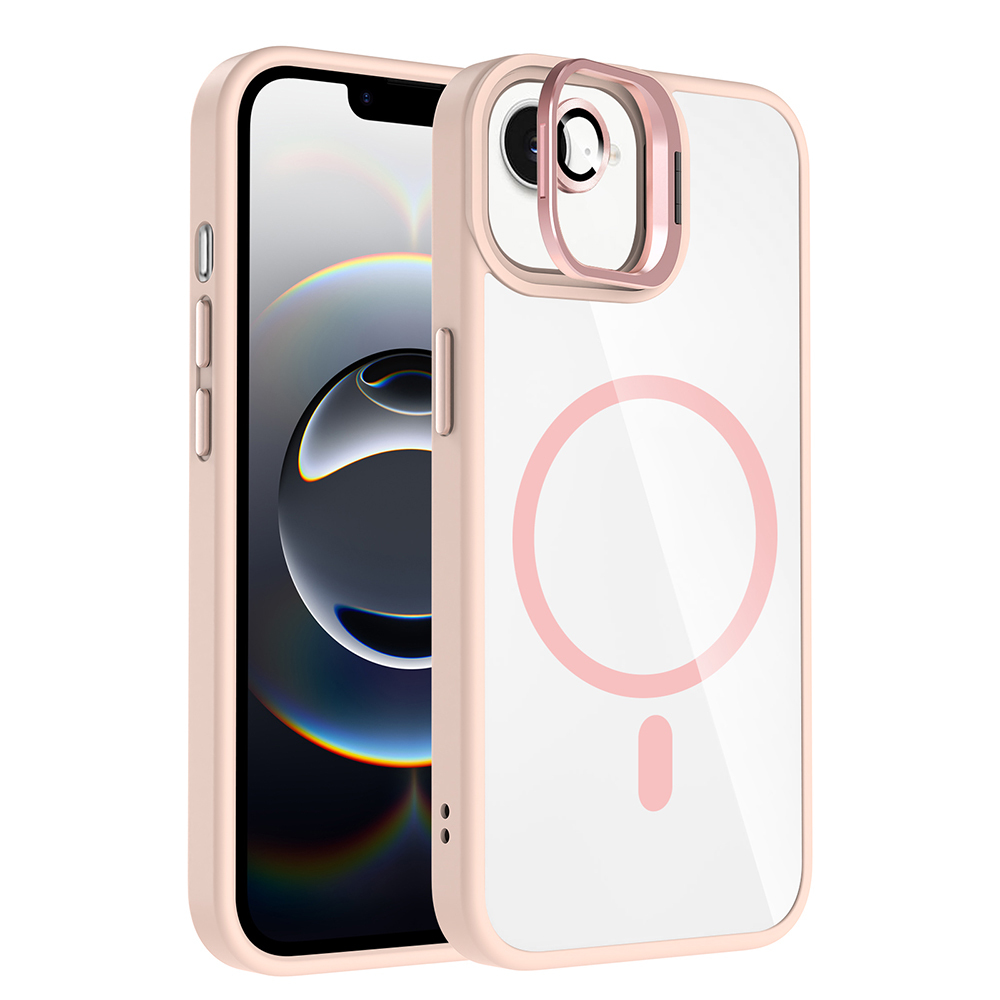 İçinde bir iPhone bulunan, şeffaf arka yüzlü pembe telefon kılıfı. Kılıfın pembe bir halkası ve bir çizgi ile pembe bir daire tasarımı vardır.