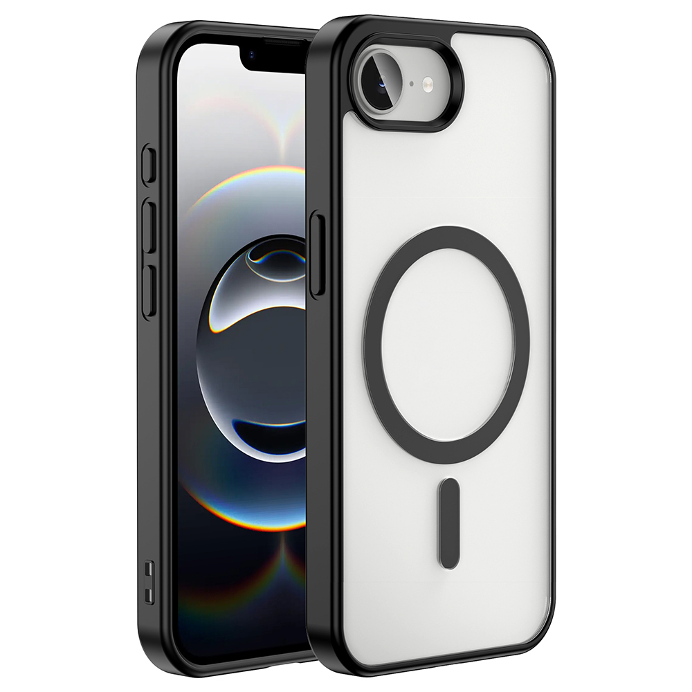 Şeffaf bir kılıfı olan bir iPhone. Kılıfın siyah bir çerçevesi ve dairesel tasarımlı beyaz bir arka yüzü var. Telefon siyah.
