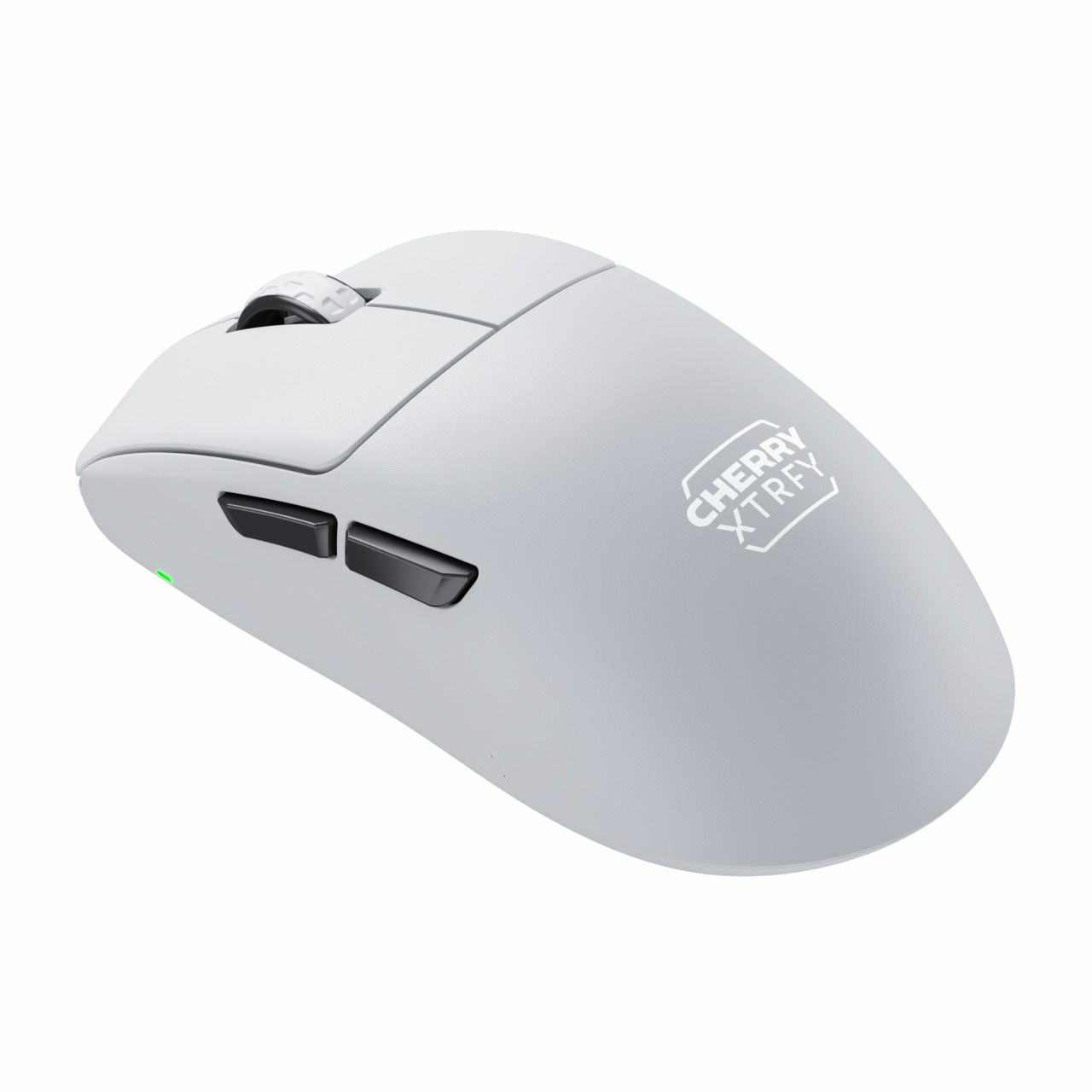 Un mouse per computer wireless bianco con due pulsanti laterali neri, una rotella di scorrimento e il logo 'CHERRY XTRFY'.