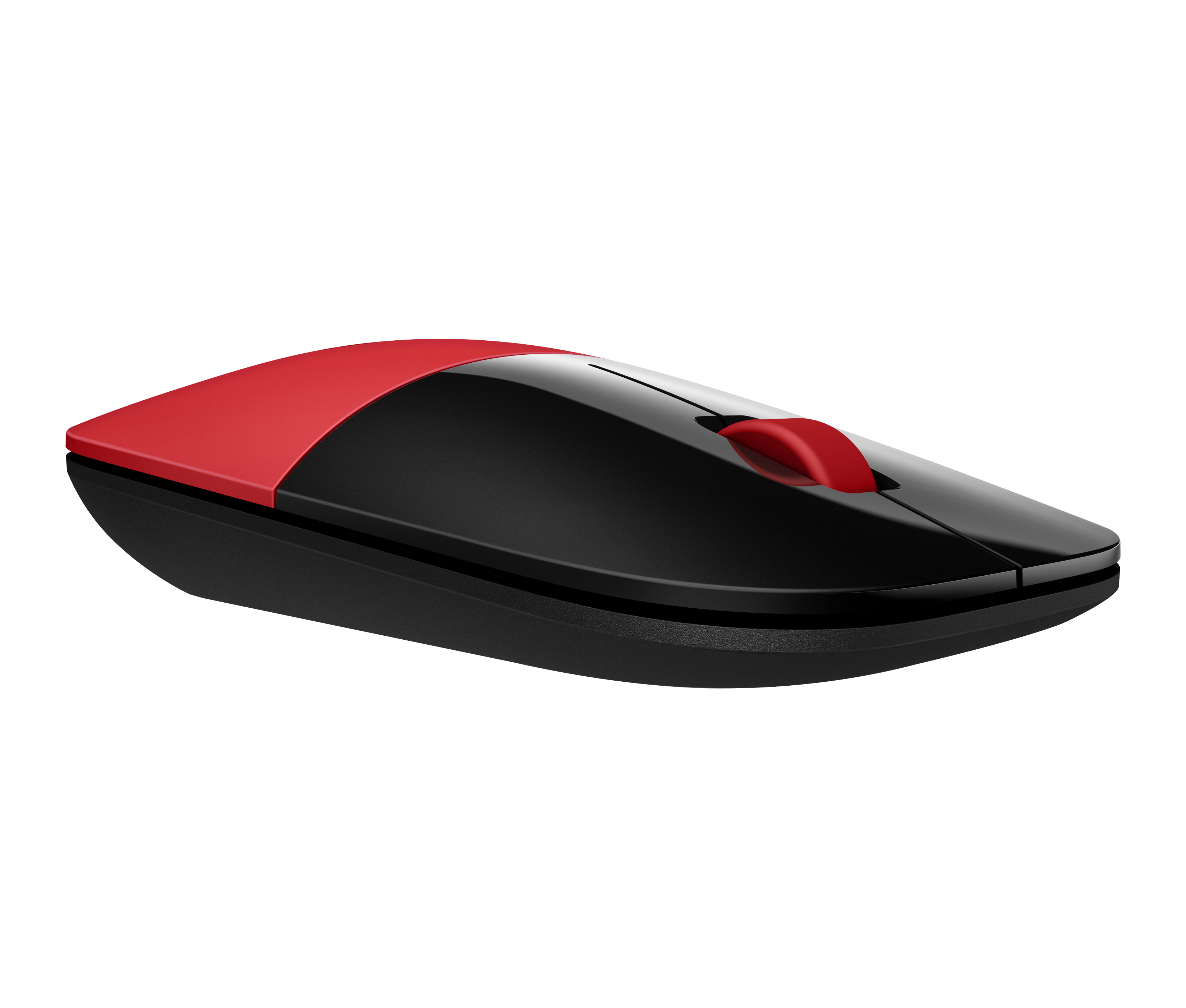 Un mouse per computer, nero con parte superiore rossa e un pulsante rosso, isolato su sfondo bianco.
