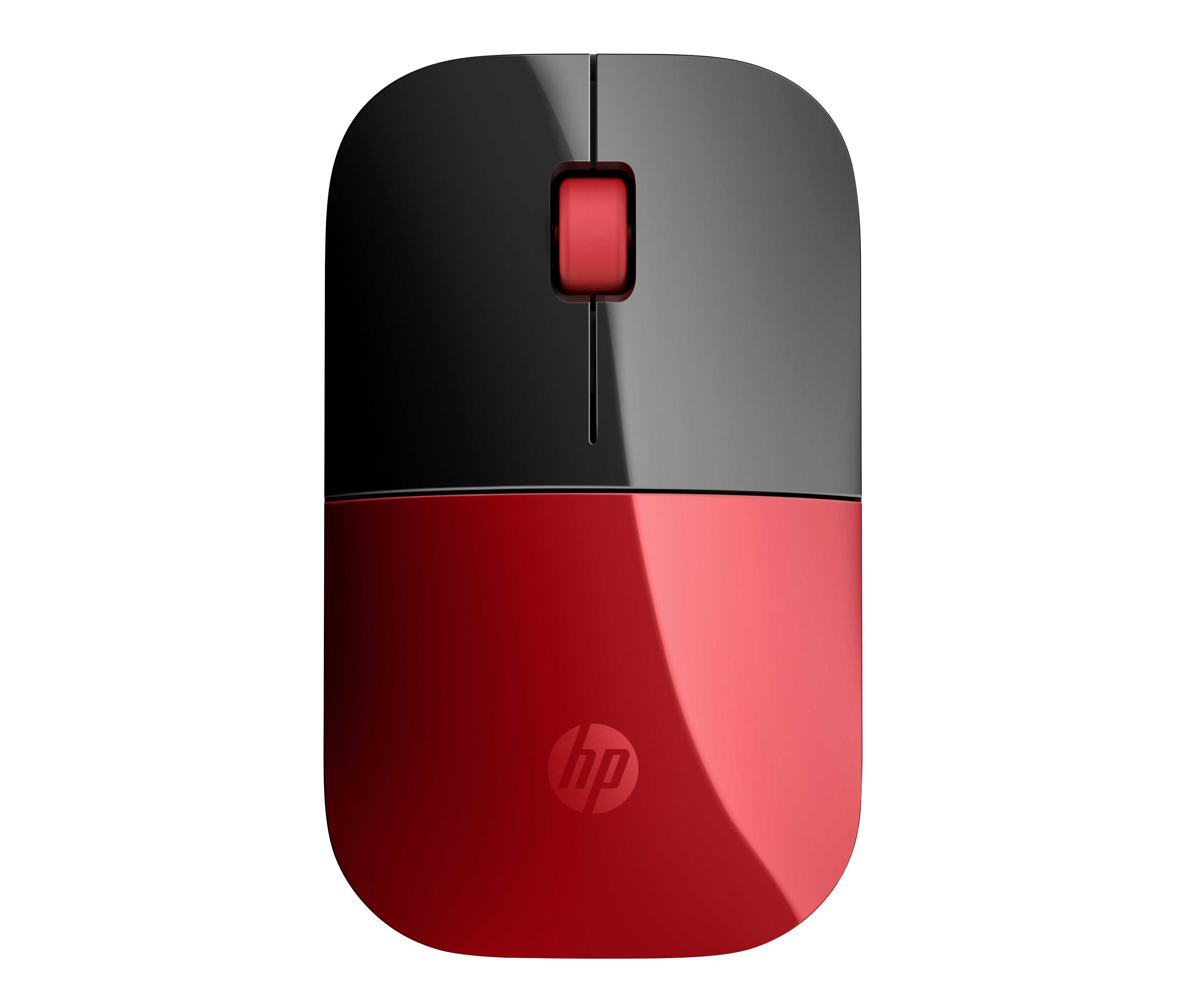 Un mouse per computer HP rosso e nero. La parte superiore è nera, la parte inferiore è rossa con il logo HP.