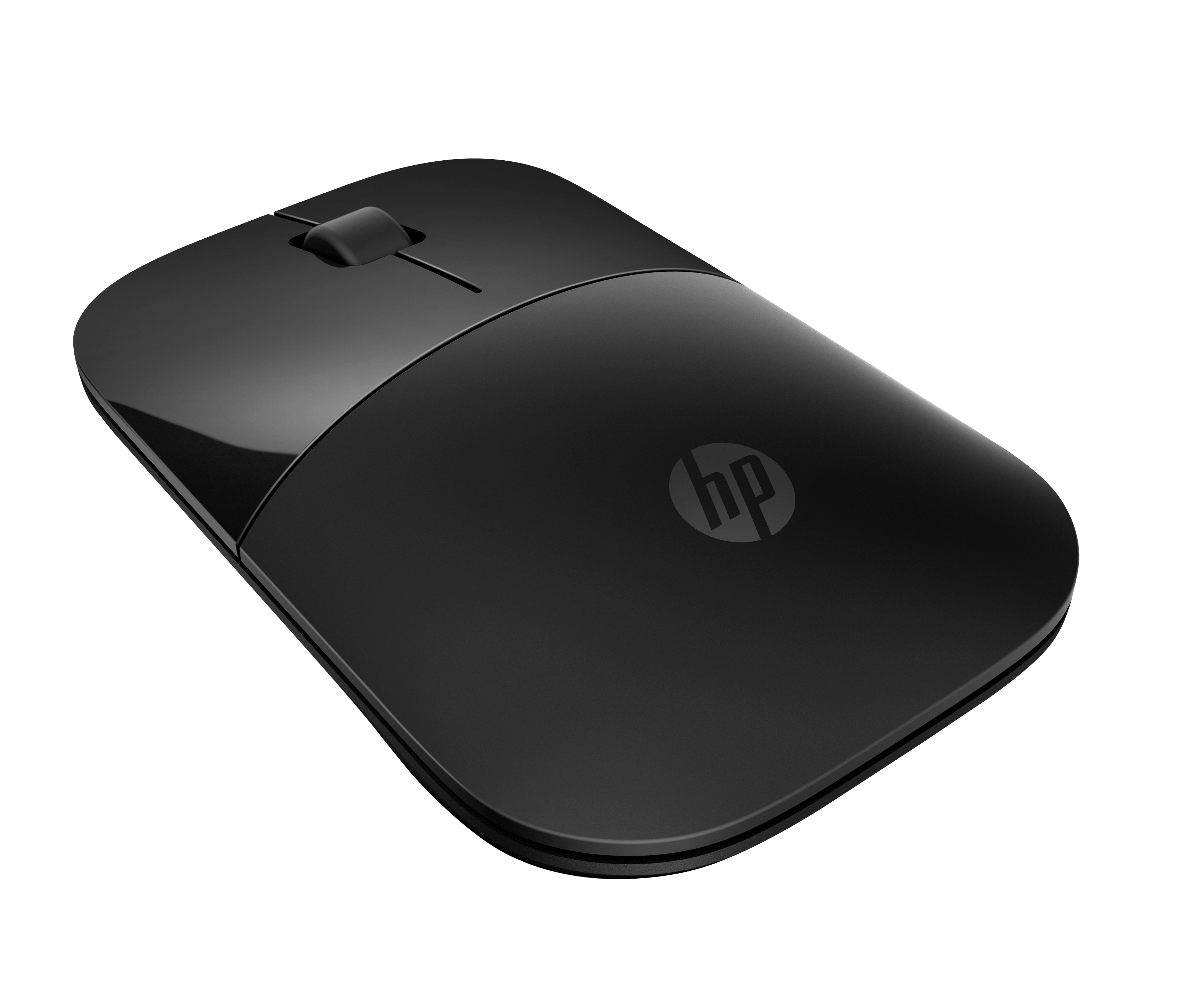 Un ratón inalámbrico HP negro sobre fondo blanco. El ratón tiene una rueda de desplazamiento y el logotipo de HP.