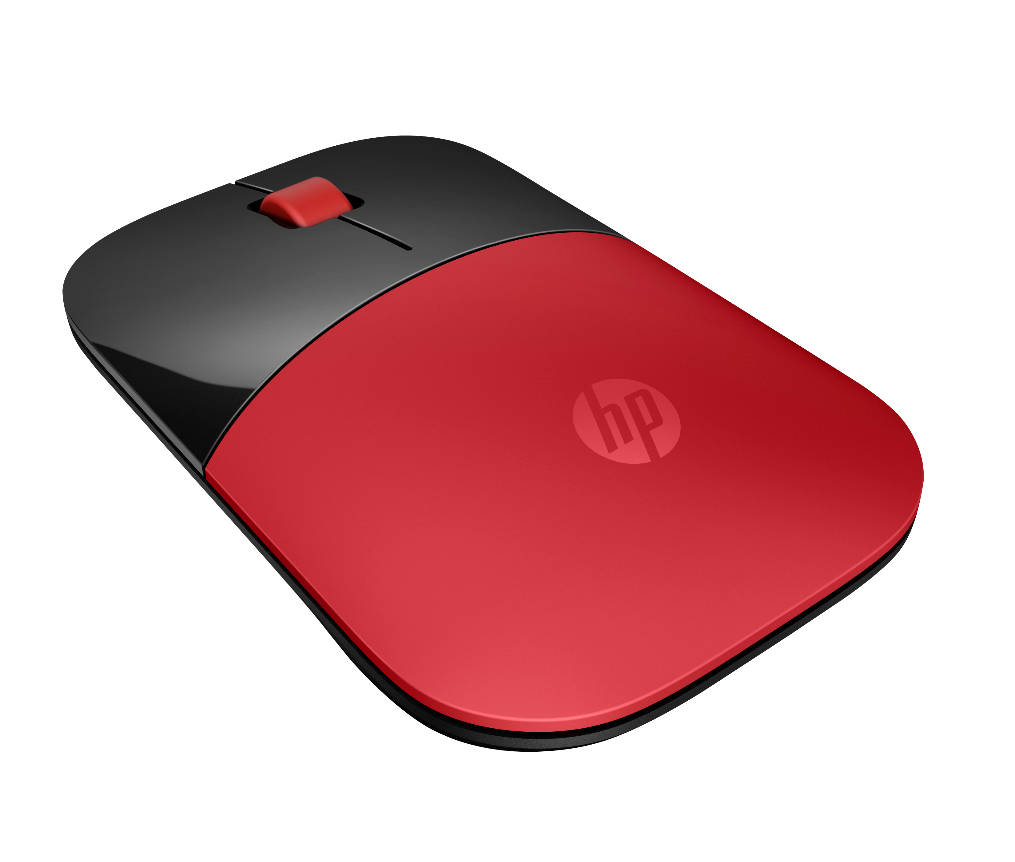 Un ratón inalámbrico HP. Es rojo y negro con una rueda de desplazamiento roja. Logotipo de HP visible.