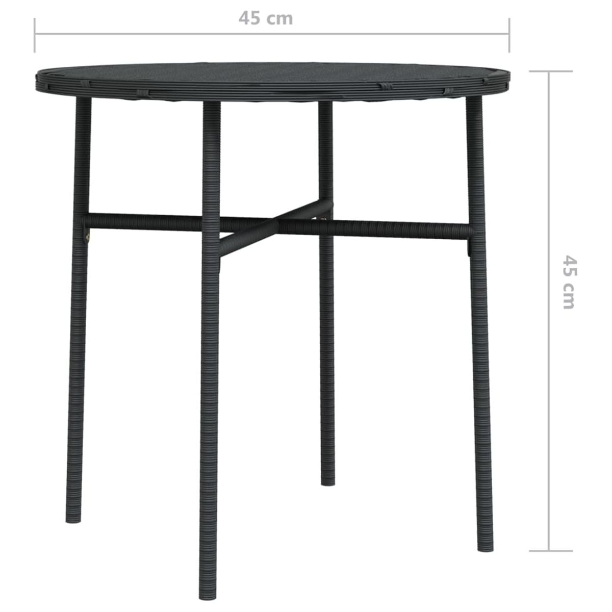 Ein dunkelgrauer runder Tisch mit vier Beinen. Die Abmessungen betragen 45 cm Durchmesser und 45 cm Höhe. Der Tisch steht auf weißem Grund.