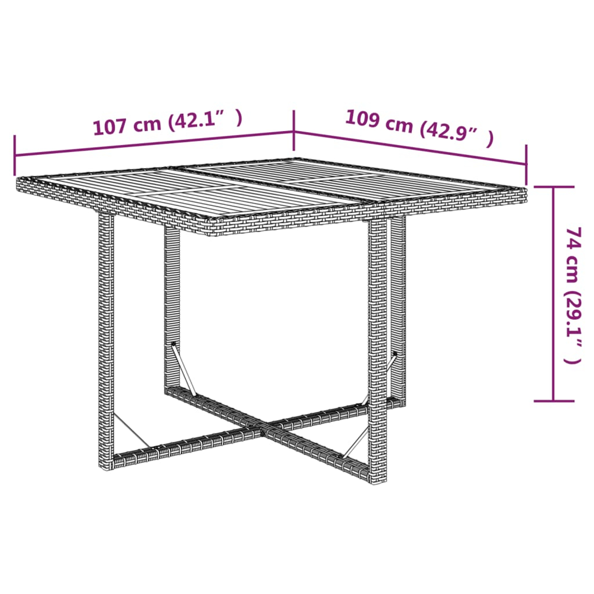 Ein quadratischer Tisch im Korbstil mit Maßangaben. Er ist 107 cm x 109 cm groß und 74 cm hoch. Die Beine bilden ein X.