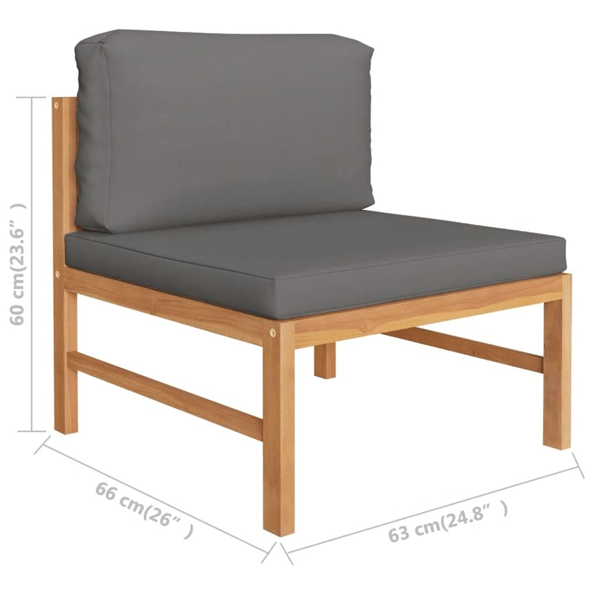 Ein Holzstuhl mit grauen Kissen. Abmessungen sind beschriftet: 60 cm, 66 cm und 63 cm. Der Stuhl ist aus Holz.
