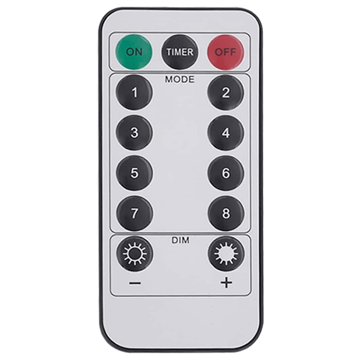 Eine weiße Fernbedienung mit den Tasten ON, OFF, Timer, 1-8 und DIM mit Plus- und Minuszeichen.