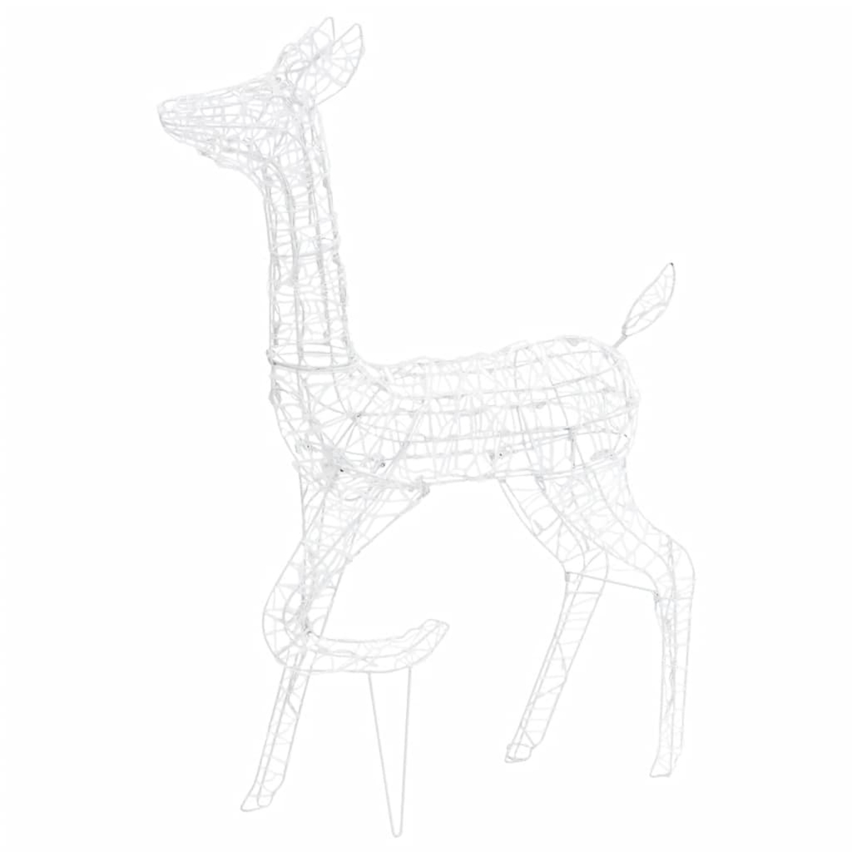 Eine weiße Drahtgitter-Hirschskulptur steht auf weißem Hintergrund. Es hat einen langen Hals, ein Geweih und steht.