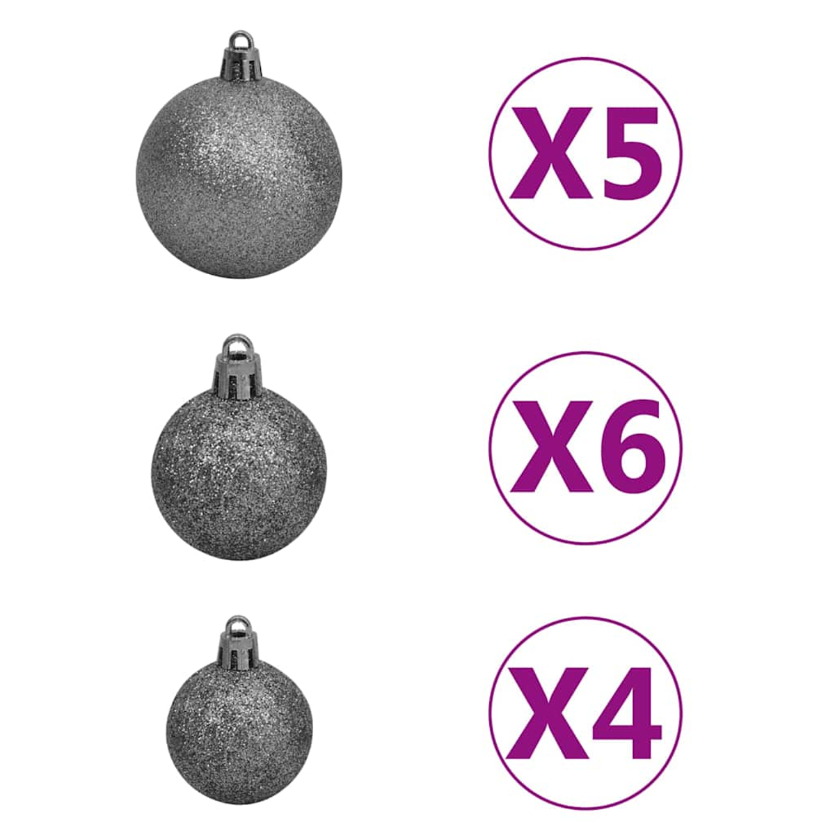 Drei graue, glitzernde Weihnachtskugeln mit silbernen Kappen. Daneben Kreise mit den Zahlen X5, X6 und X4 in Lila.