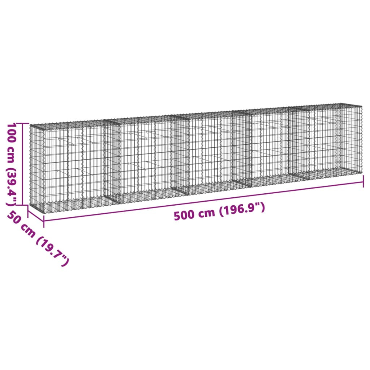 Ein rechteckiger Metallgitter-Gabion. Die Abmessungen sind mit 50 cm x 100 cm x 500 cm angegeben. Der Gabion ist leer, im Drahtmodell-Stil.