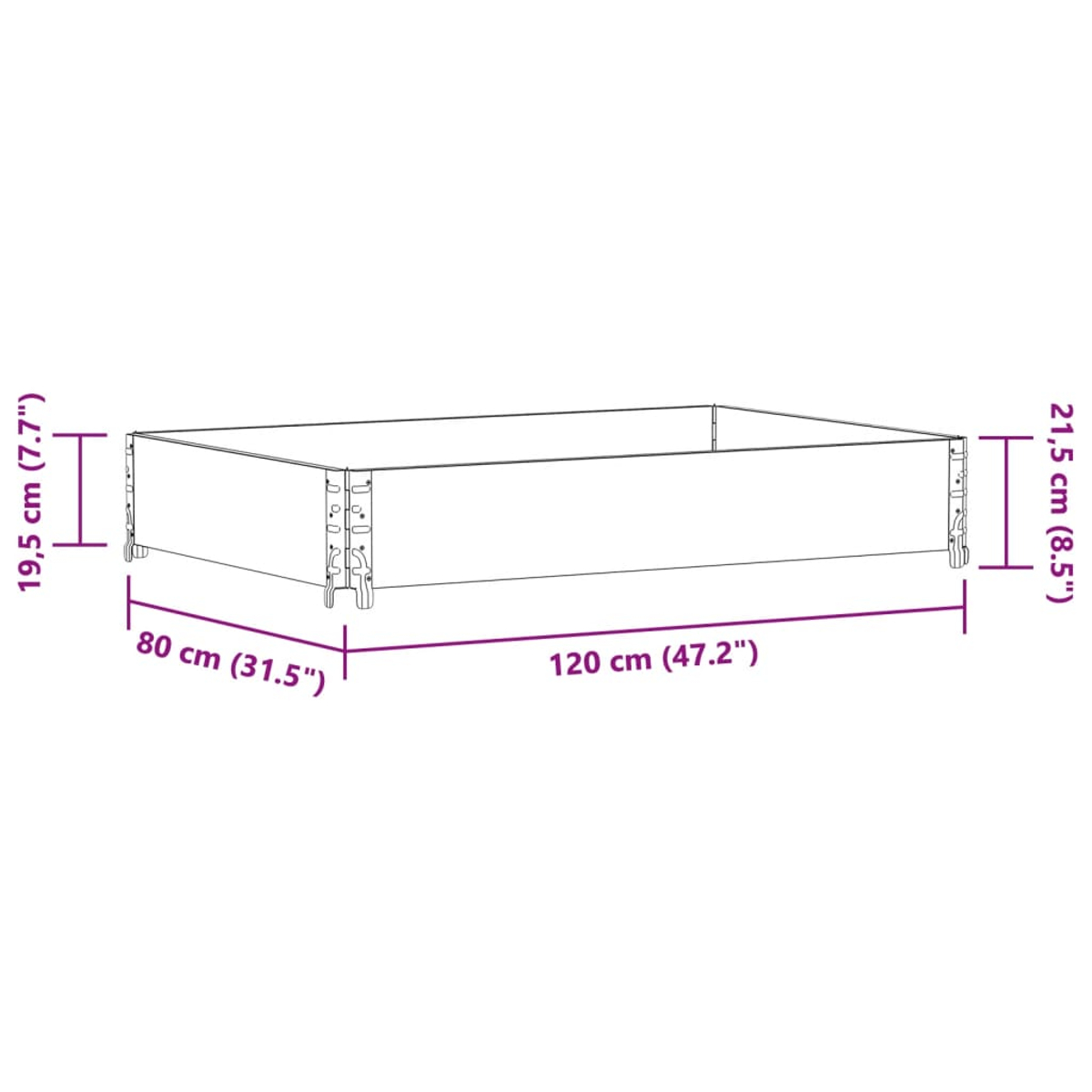 Una fioriera rettangolare in legno con dimensioni: 120 cm di lunghezza, 80 cm di larghezza e 21,5 cm di altezza.