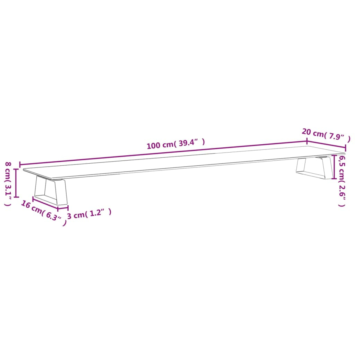 Ein Diagramm eines langen, rechteckigen Tisches mit Abmessungen. Der Tisch wird an jedem Ende von zwei abgewinkelten Beinen getragen.