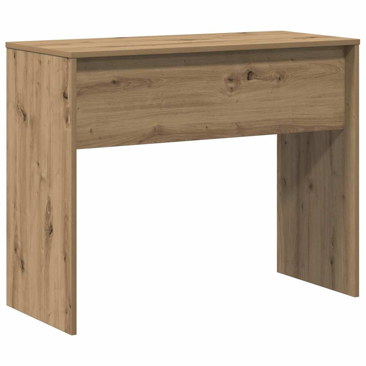 Ein holzfarbener Schreibtisch. Er hat eine Oberseite, eine Schublade und zwei Beine. Die Holzmaserung ist sichtbar.