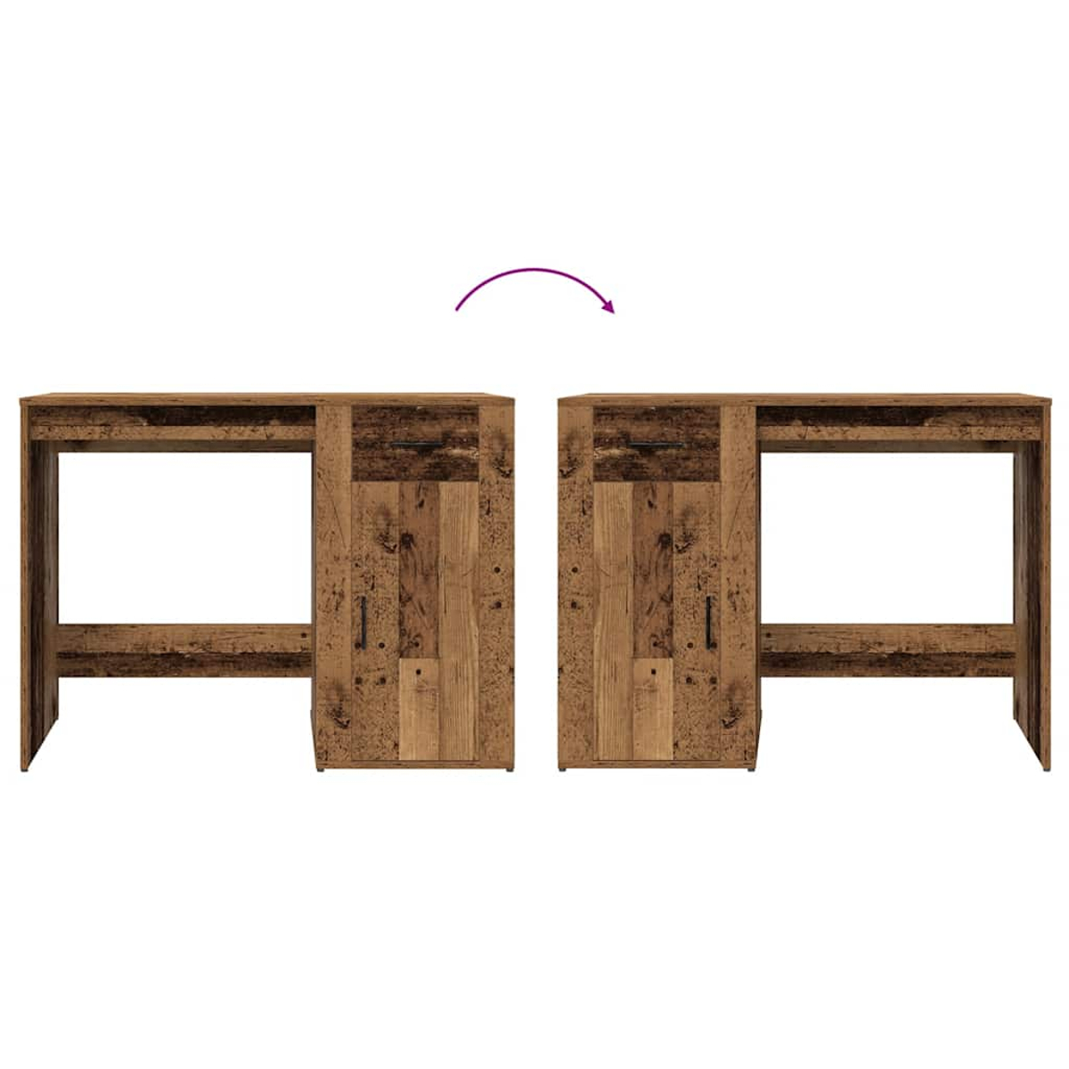 Zwei Holzschreibtische mit Schränken, verbunden durch einen Pfeil. Jeder Schreibtisch hat einen Schrank mit Tür und Griff.
