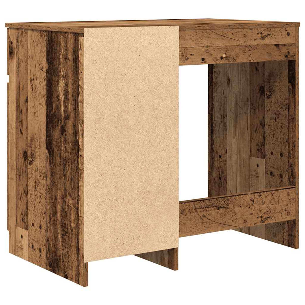 Ein Holzschreibtisch mit einer Spanplatten-Seitenwand. Der Schreibtisch hat ein natürliches Holzmaserungsmuster und eine rechteckige Öffnung.