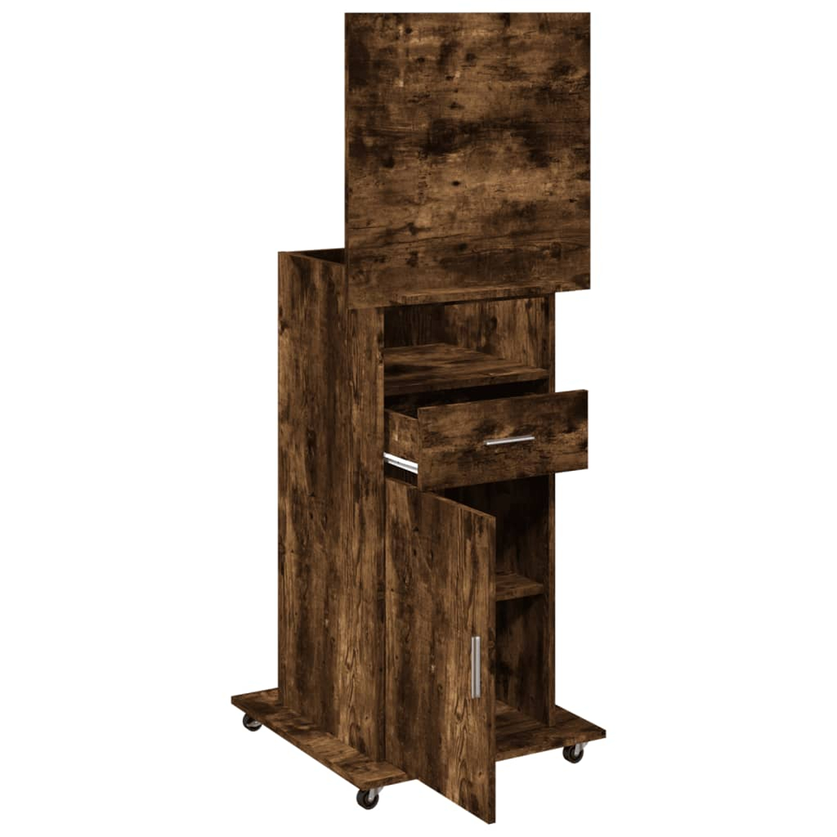 Ein hoher, brauner Holzschrank mit mehreren Fächern, Schubladen und Türen. Er hat Räder an der Basis für Mobilität.
