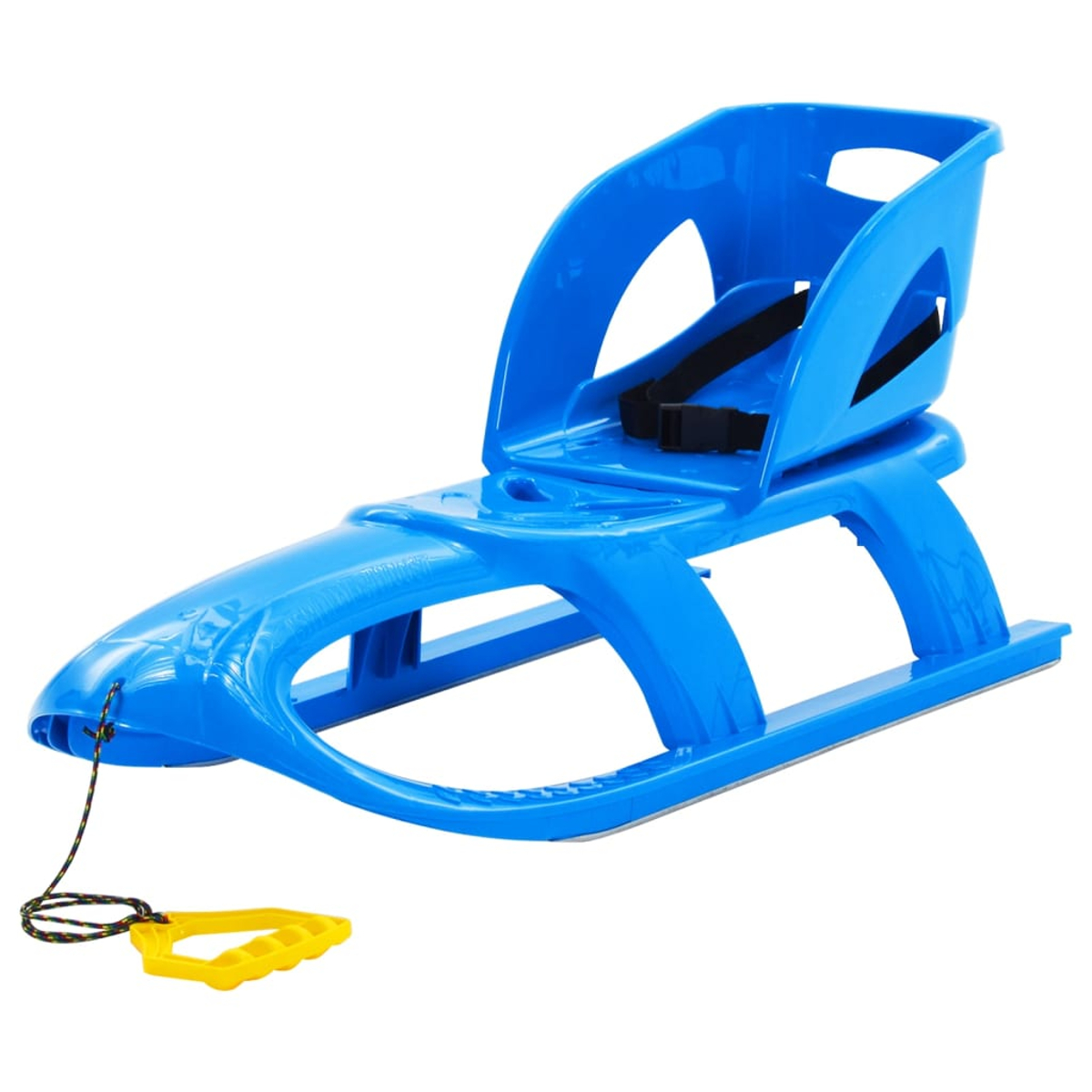 Uno slittino di plastica blu con sedile, cinture di sicurezza e maniglia gialla. Lo slittino è su sfondo bianco.