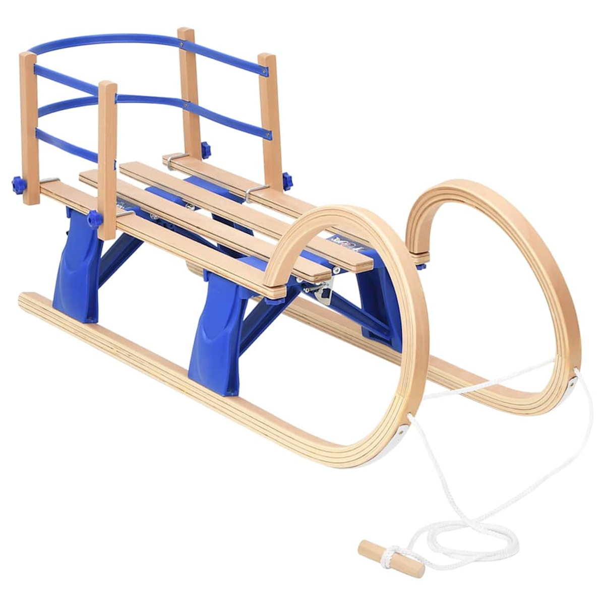 Una slitta in legno e blu con corda e maniglia. Ha un telaio blu e doghe di legno per sedersi. I pattini sono curvi.