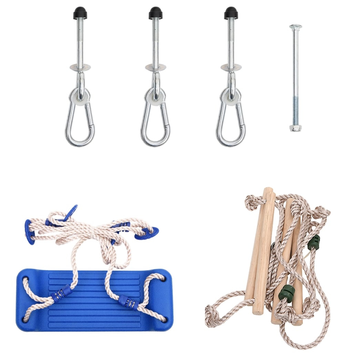 Un seggiolino altalena blu e un set altalena a forma di scala in legno, con componenti di sospensione in metallo. Sfondo bianco.