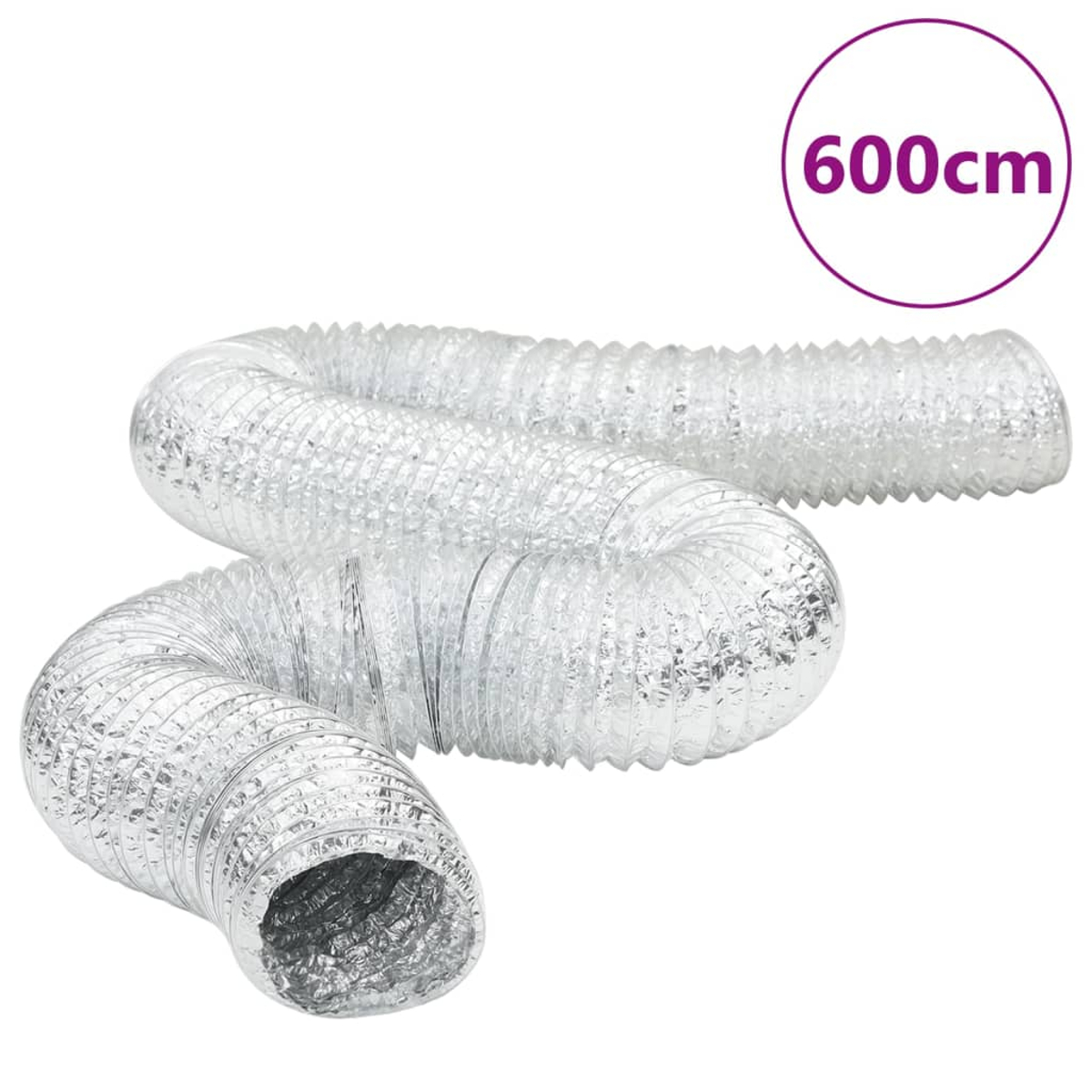 Ein silberner, flexibler Kanal wird gezeigt. Es ist gebogen und gewickelt. Ein violetter Kreis zeigt 600 cm an.