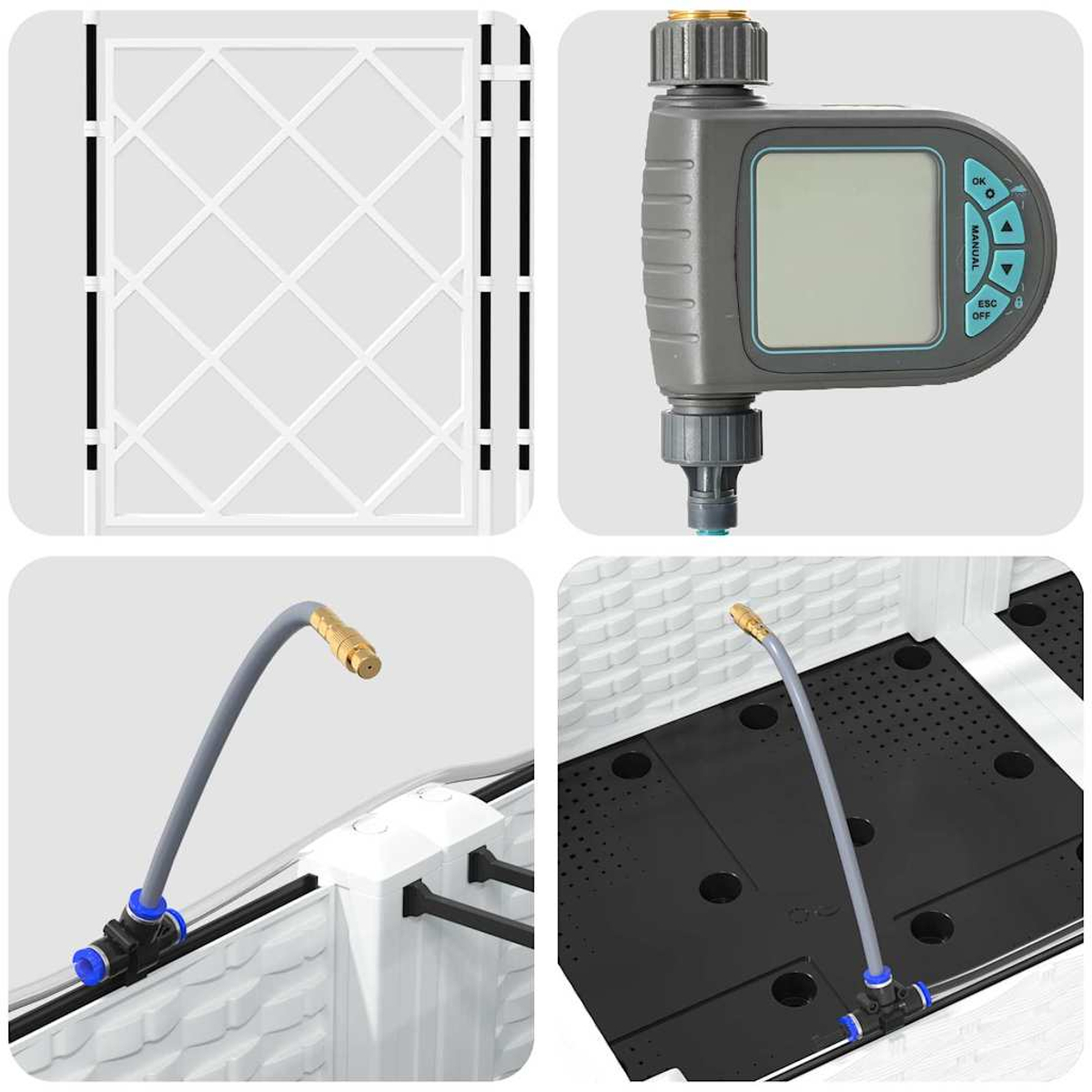 L'immagine presenta un traliccio bianco, un timer per l'acqua digitale e due primi piani di un tubo con ugello in ottone.