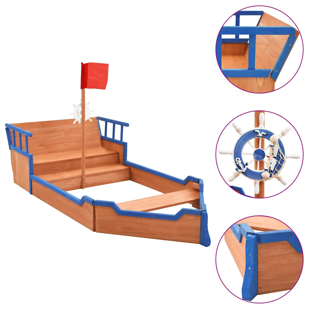 Sabbiera a forma di nave in legno con bordi blu e bandiera rossa. Presenta un timone e delle scale. Isolato su sfondo bianco.