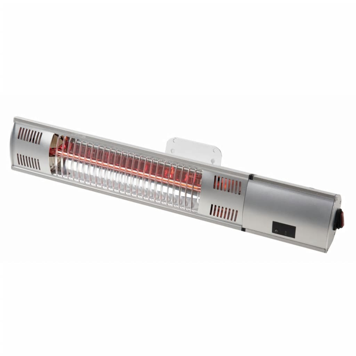 A silver wall-mounted infrared heater with a red heating element visible through the grill.