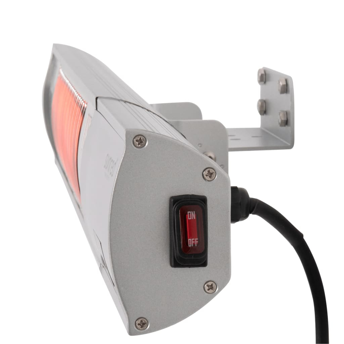 Silver heater with red heating element, black on/off switch, and a mounting bracket. Black power cable is connected.