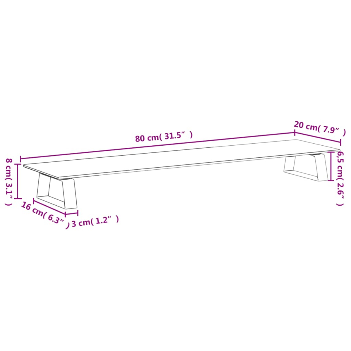 Ein rechteckiger Schreibtisch, Abmessungen in cm und Zoll beschriftet. Er hat zwei Beine. Die Abmessungen sind 80x20x6,5cm und 16x8x3cm.