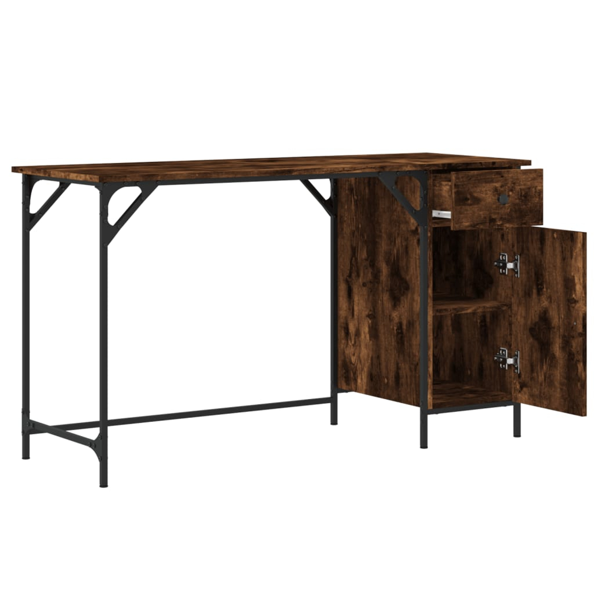 Ein Holzschreibtisch mit Schublade und Schrank. Der Schreibtisch hat eine braune Holzplatte mit schwarzen Metallbeinen. Die Schranktür ist geöffnet.