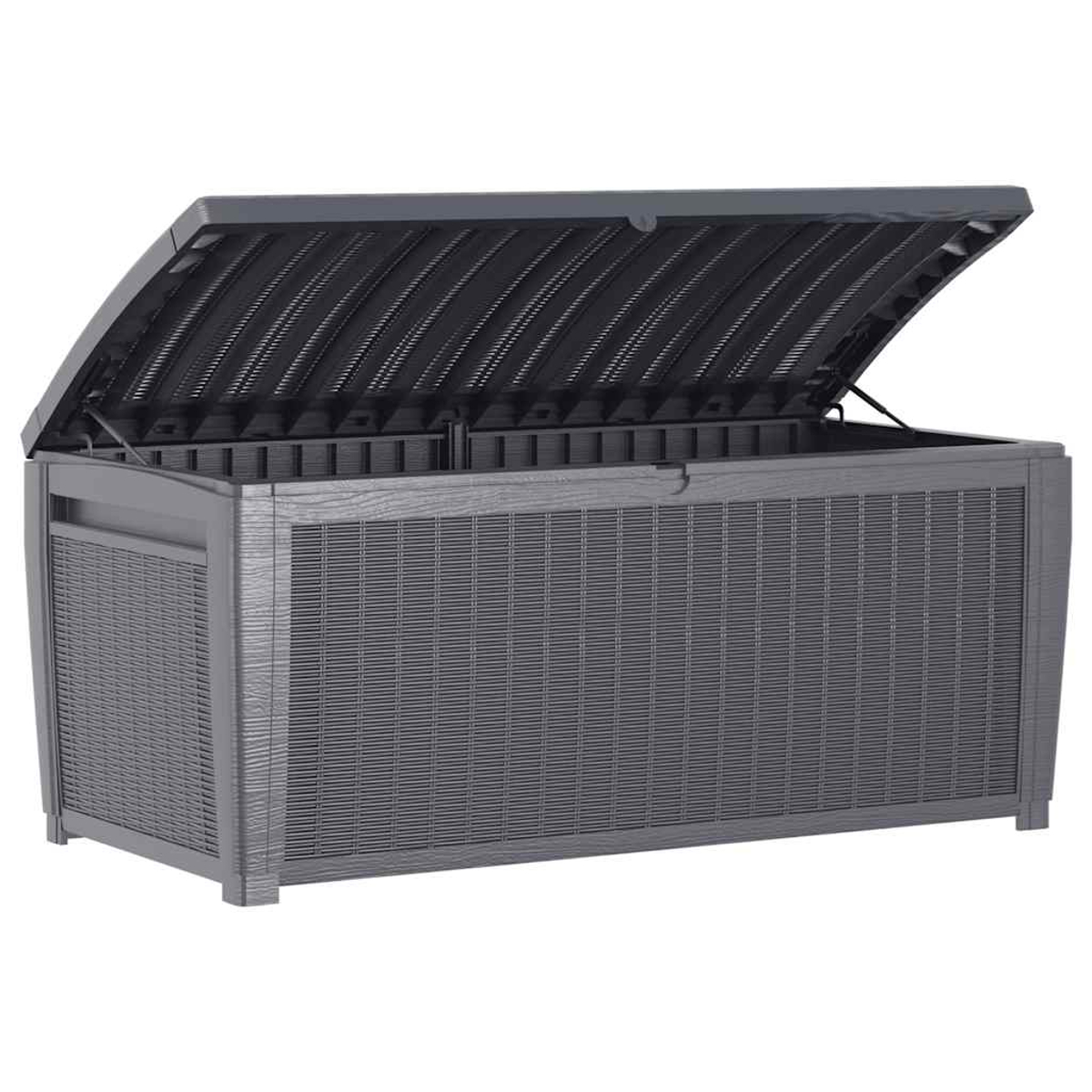 Graue Outdoor-Aufbewahrungsbox mit offenem Deckel. Die Box hat eine strukturierte Oberfläche und besteht aus Kunststoff. Der Deckel wird von einem Scharnier gehalten.