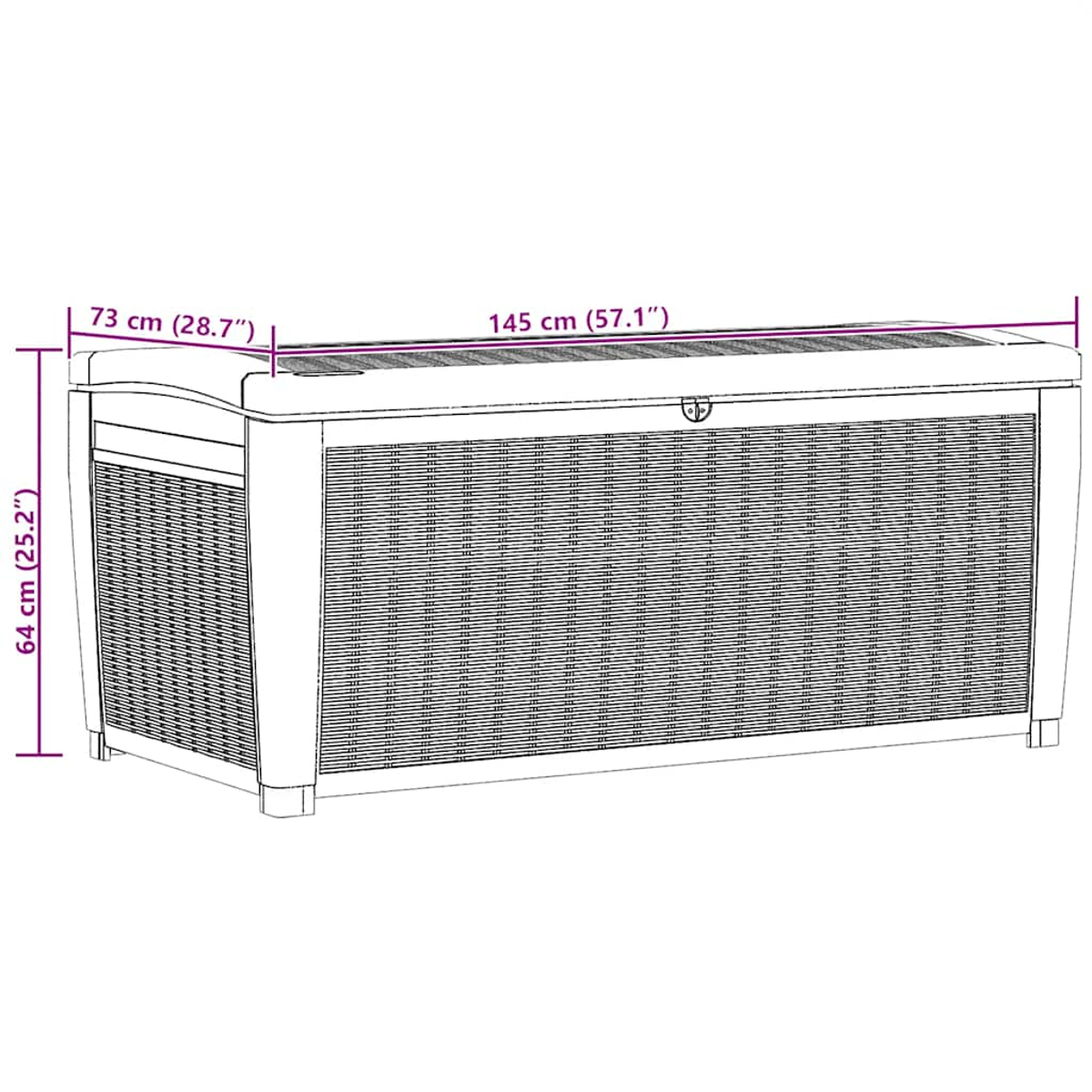 Eine rechteckige, hellfarbene Outdoor-Aufbewahrungsbox mit einem gewebten Muster. Abmessungen: 145 cm x 73 cm x 64 cm.