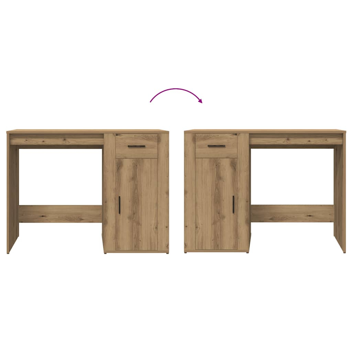 Zwei Holztische stehen sich gegenüber. Jeder Schreibtisch hat eine Schublade und einen Schrank. Ein Pfeil zeigt eine mögliche Drehung an.