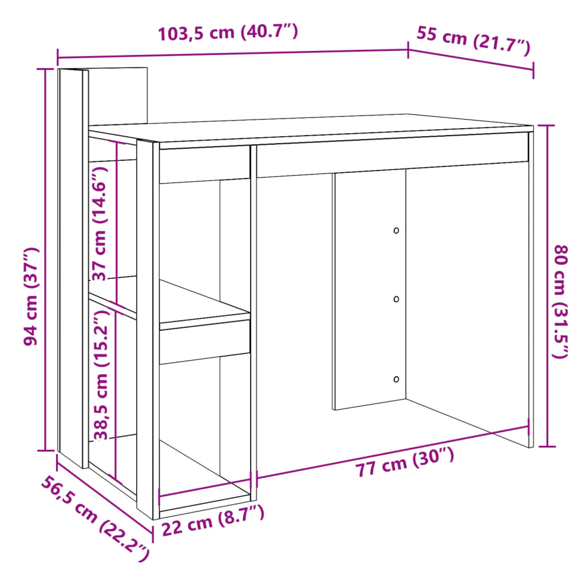 Ein Diagramm eines weißen Schreibtisches mit Maßangaben in cm und Zoll. Er hat einen seitlichen Schrank mit Regalen.